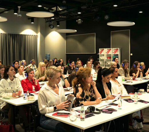 Cosmetologists attending the PriorMedical masterclass with wireless headsets