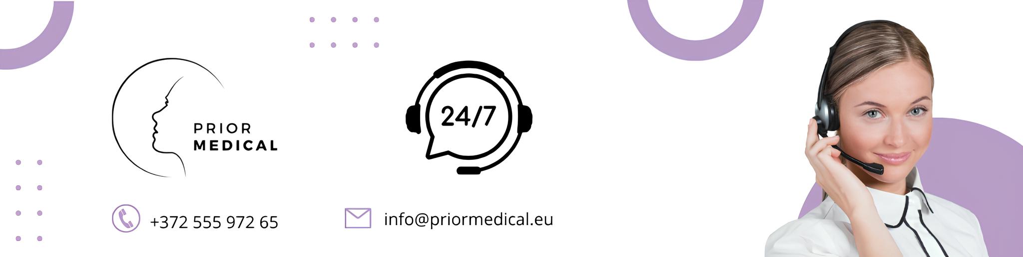 PriorMedical 24/7 support — phone +372 555 972 65 and email info@priormedical.eu