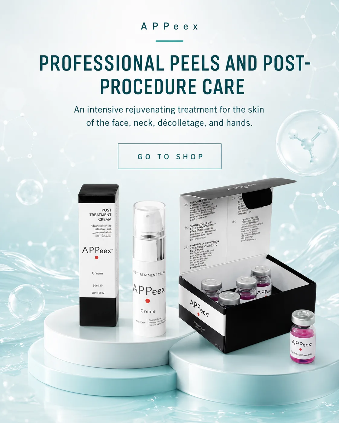 APPeeX professional peels and post-procedure care banner with skincare products for facial skin rejuvenation and aftercare