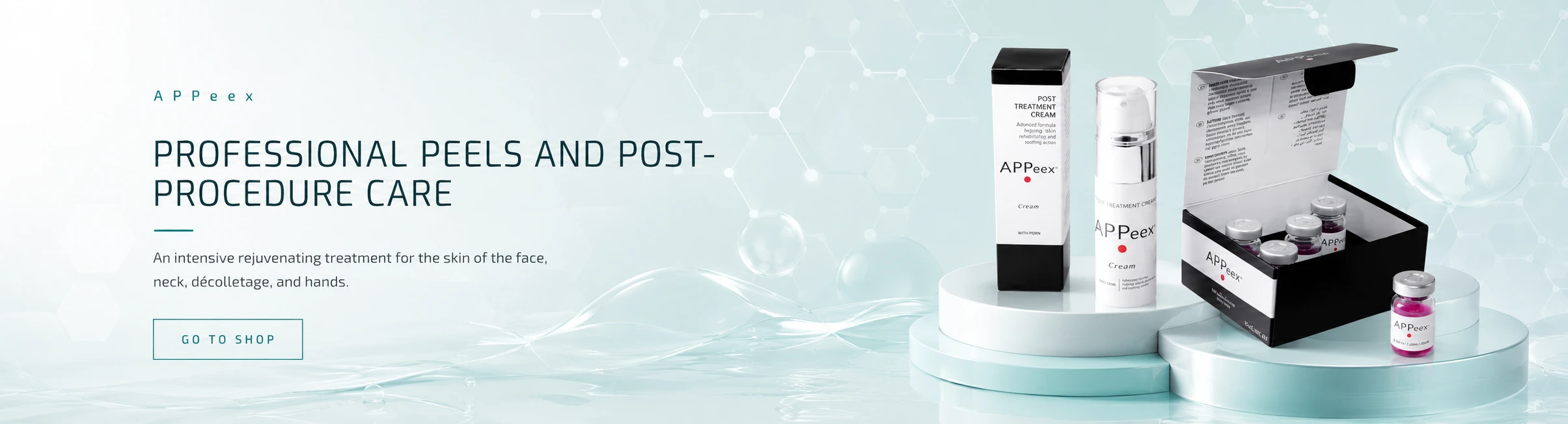 APPeeX professional peels and post-procedure care banner with skincare products for facial skin rejuvenation and aftercare